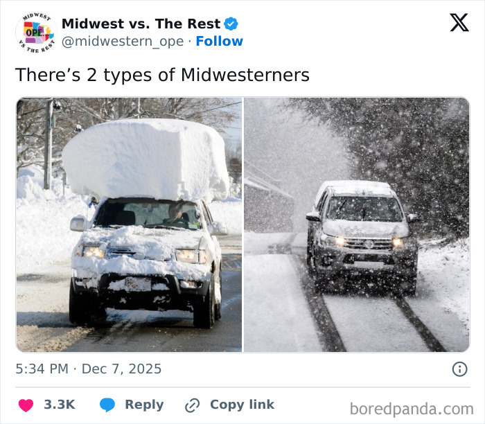 Two SUVs driving in heavy snow, showcasing Midwest life with snow-covered vehicles on snowy roads.