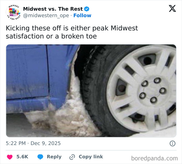 Close-up of a car tire kicking up snow, capturing a moment of Midwest life in winter with muddy snow buildup.