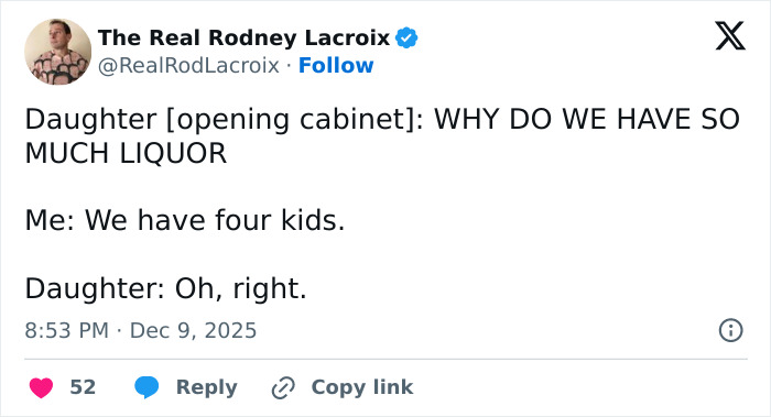 Tweet about a dad humorously explaining the reason for having so much liquor, relatable to dads and husbands.