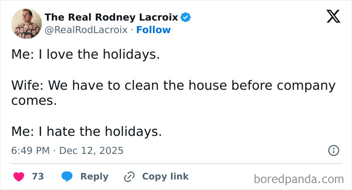 Tweet about holiday cleaning frustrations, showing a dad’s humorous and painfully relatable reaction for dads and husbands.