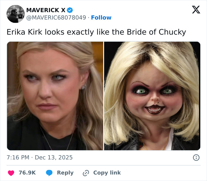 Side-by-side images of Erika Kirk and a creepy Bride of Chucky doll, showcasing wild Erika Kirk memes.