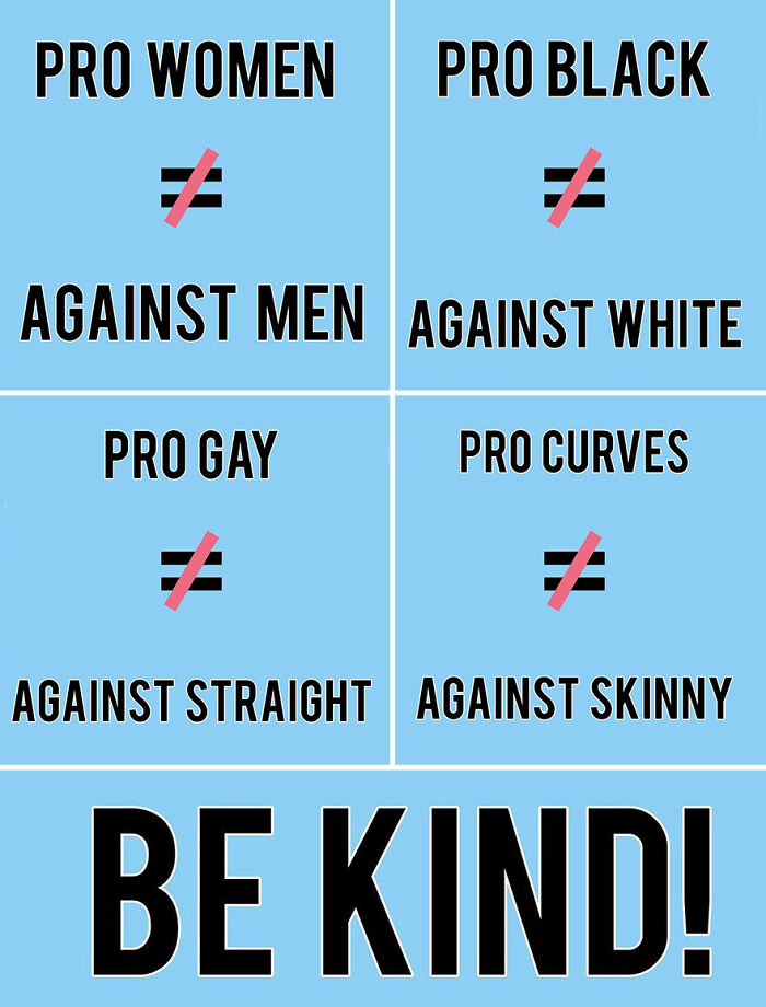 Studio Stoutpoep illustration: blue panels saying pro groups not against others, women/black/gay/curves and BE KIND