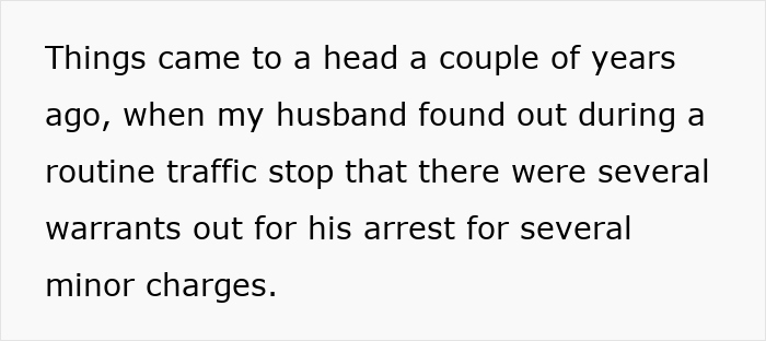 Text excerpt describing a husband facing legal issues during a routine traffic stop, related to mil-refuse-baby-name.
