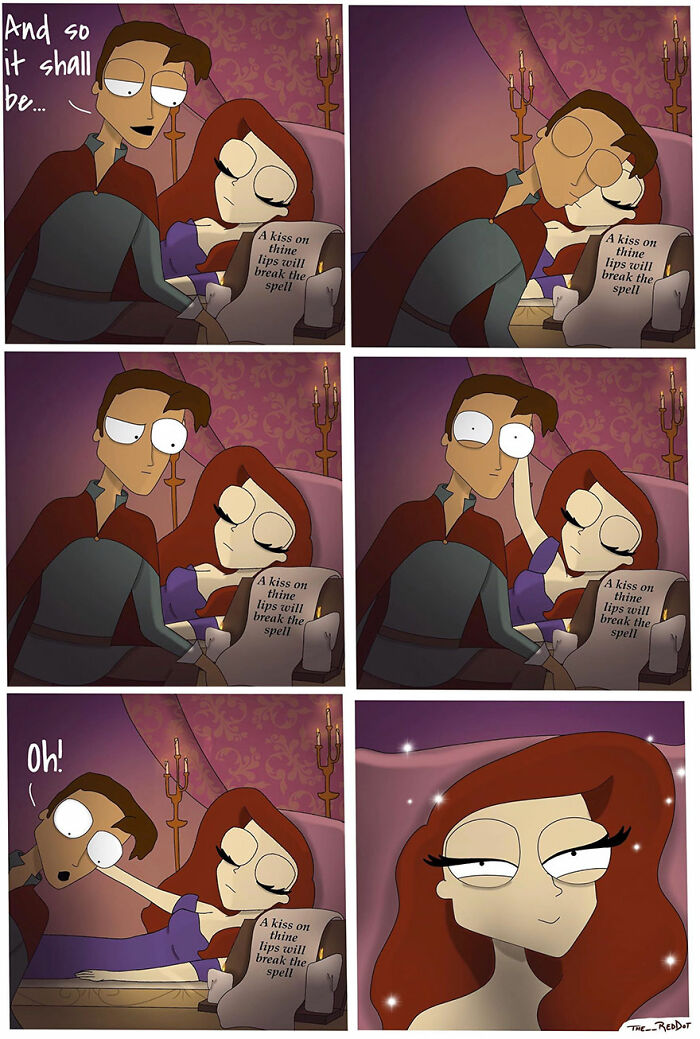 Comic strip from The RedDot showing a man trying to kiss a woman to break a spell with bold and unfiltered humor.
