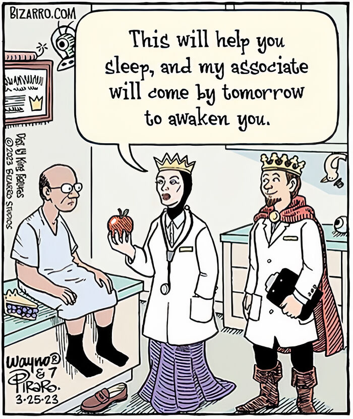 Cartoon of a king and queen as doctors in a clinic, capturing relatable moments in modern life humor.