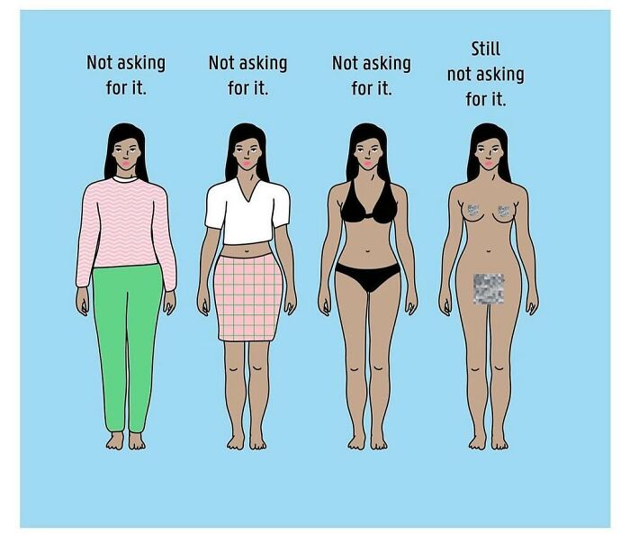 Studio Stoutpoep illustration of four women, fully dressed to n**e, labeled not asking for it and still not asking for it