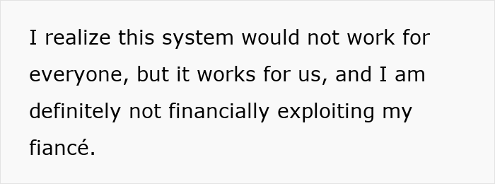 Alt text: Text explaining a personal view on not financially exploiting fianc&eacute; in a relationship involving money and wedding planning.