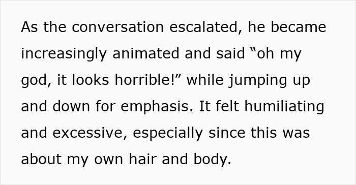 Text describing a toxic guy acting crazy and disrespecting wife's autonomy during a heated conversation about her hair and body. Text describing a toxic guy acting crazy and disrespecting wife's autonomy during a heated conversation about her hair and body.