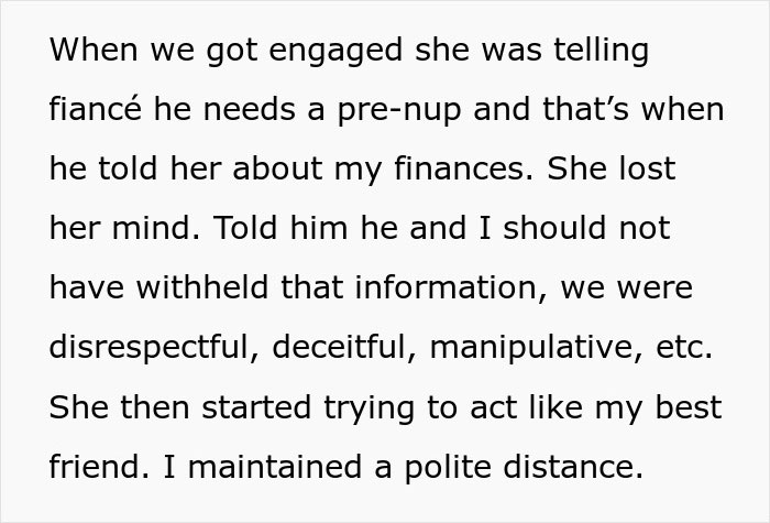 Text excerpt about woman hiding her finances from mother-in-law, causing tension after fianc&eacute; reveals wealth details.