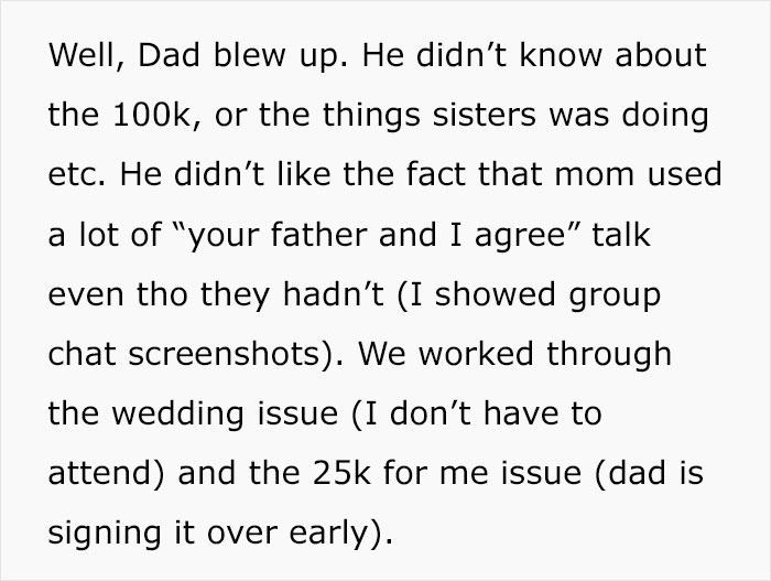 Text about family meeting resolving issues after sister turns into a bridezilla, causing messy conflicts and tensions.