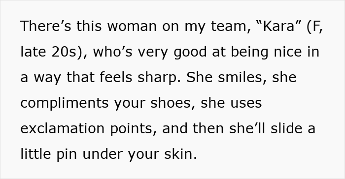 Text describing a coworker named Kara who uses polite but sharp comments to subtly belittle others at the office.