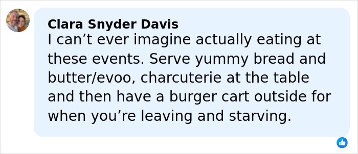 Screenshot of a social media comment discussing critics choice awards disappointing food options.