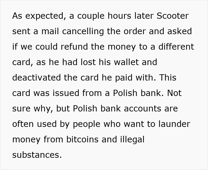 Text excerpt describing a scammer&rsquo;s failed $2k laundering attempt involving a Polish bank card and hotel receptionist.