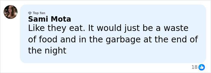 Commenter Sami Mota expressing opinions about Critics Choice Awards disappointing food waste in a social media post.