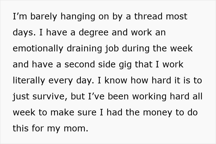 Text discussing emotional and financial struggles working multiple jobs while trying to contribute to mom&rsquo;s birthday gift.