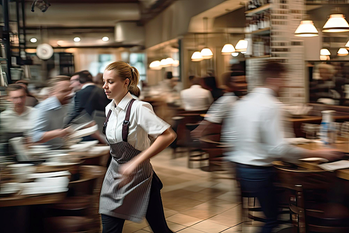 Waiter in apron rushing through busy restaurant with blurred customers and staff in the background capturing fast-paced service.