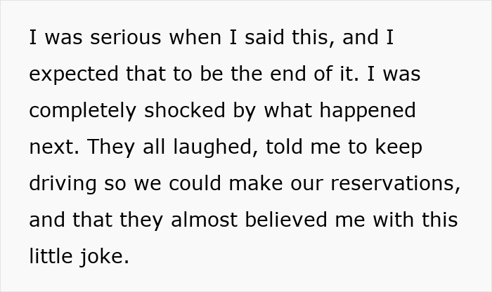 Text excerpt showing a woman refusing to drive until all friends buckle seat belts, causing tension on road trip.