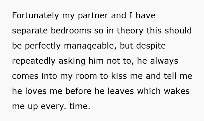 Text describing a man&rsquo;s lovey-dovey ritual of morning kisses and I love yous annoying his tired girlfriend who is fed up with it.