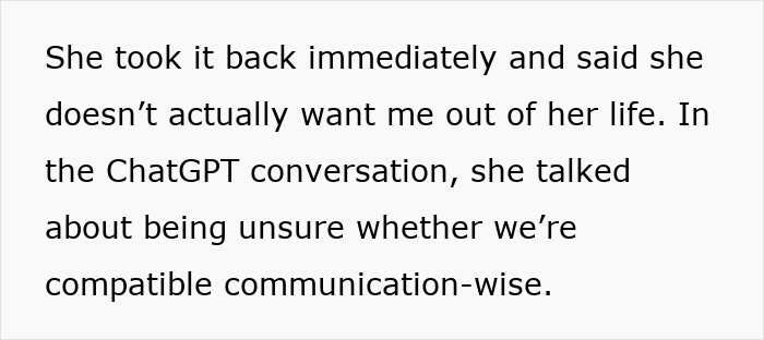 Text excerpt from a ChatGPT conversation where a woman uses AI as her personal relationship coach discussing compatibility concerns.