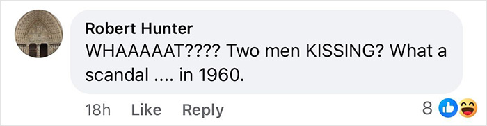 Gay Couple Facebook screenshot of a comment mocking two men kissing, sarcastic what a scandal and emoji Gay Couple Facebook screenshot of a comment mocking two men kissing, sarcastic what a scandal and emoji