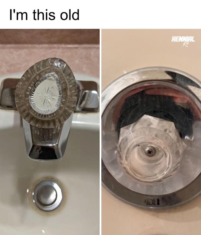 Old-fashioned clear plastic faucet knobs from past decades, evoking nostalgic memories for xenials.
