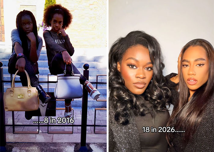 Two young women pictured in 2016 and 2026 showing impressive transformations in 10 years shared by 65 people.