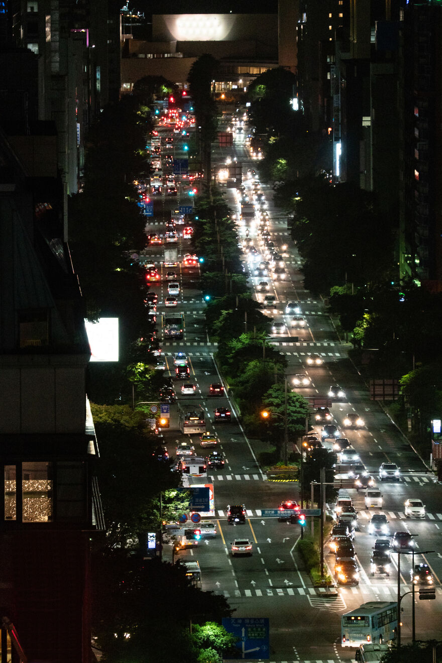 Night view of heavy traffic congestion in a busy urban city street among cities with worst traffic in the world