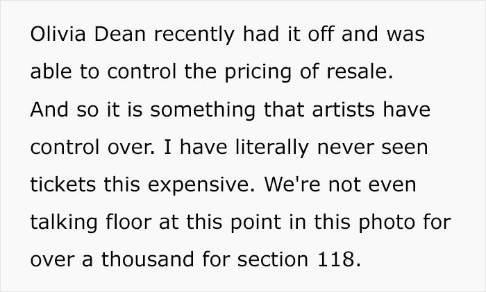 Text excerpt discussing the expensive pricing of Harry Styles new tour tickets and resale control by artists.