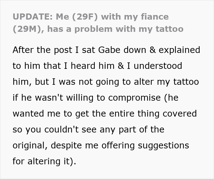 Text post about fiancé having a problem with tattoo designed by ex, causing wedding postponement after jealous talk. Text post about fiancé having a problem with tattoo designed by ex, causing wedding postponement after jealous talk.