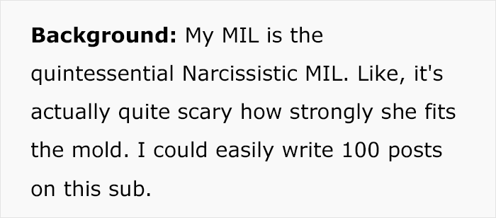 Screenshot of forum text describing a quintessential narcissistic MIL, mentioning Greedy Mom and inheritance dispute