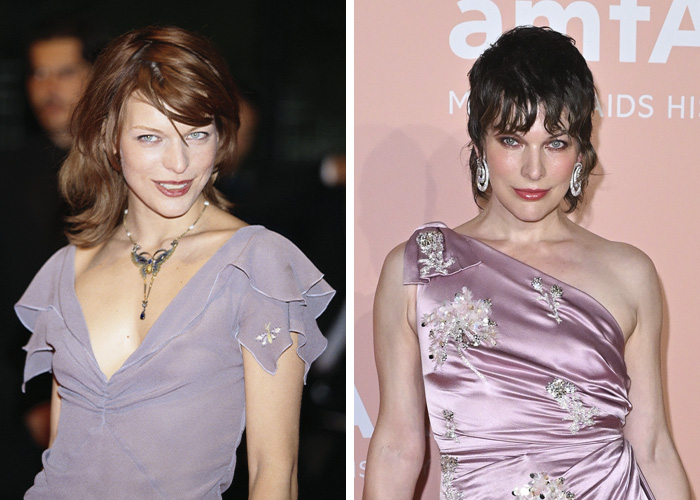 Famous woman appearing forever young at two events, wearing elegant lavender dresses and stylish jewelry.