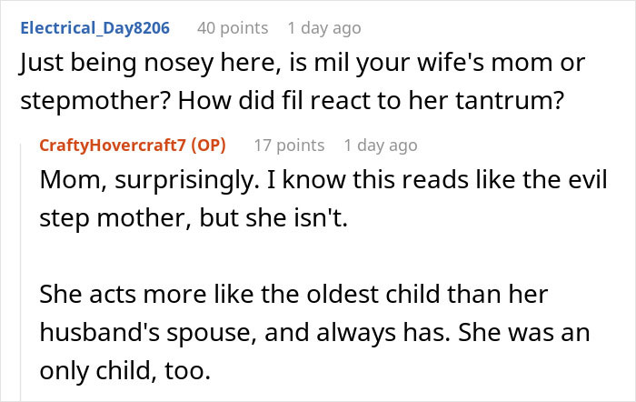 Reddit thread screenshot discussing greedy mom and inheritance, user asks if mil is wife's mom or stepmother