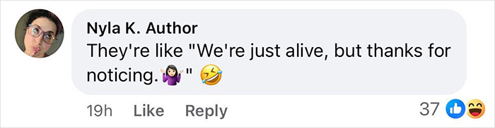 Facebook comment screenshot by Nyla K. Author with avatar reading they're just alive but thanks for noticing, gay couple Facebook comment screenshot by Nyla K. Author with avatar reading they're just alive but thanks for noticing, gay couple