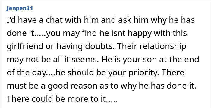 Screenshot of online comment discussing reasons why son may be cheating and advising conversation with mom about cheating.