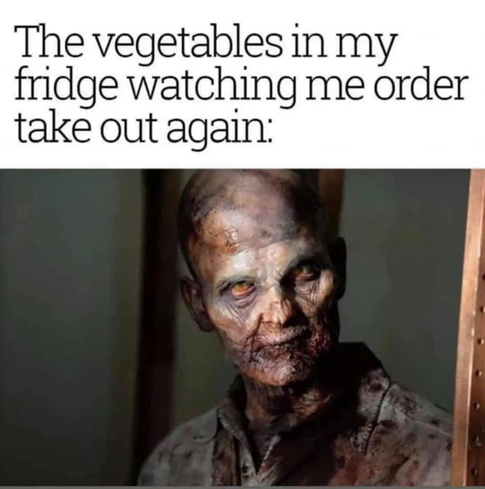 Humorous image showing a zombie representing vegetables in the fridge related to New Year's resolutions for better eating habits.