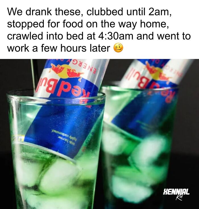 Two glasses filled with ice and upside-down Red Bull cans, evoking nostalgic memories for Xenials from late-night outings.