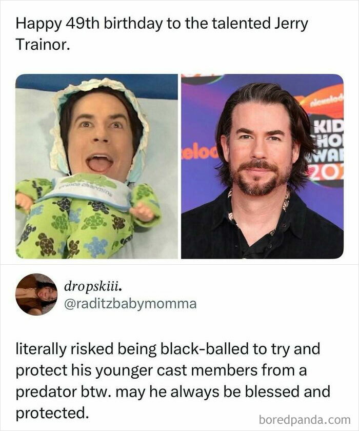 Side-by-side photos of Jerry Trainor with text celebrating him from 96 internet posts that made scrolling more enjoyable.