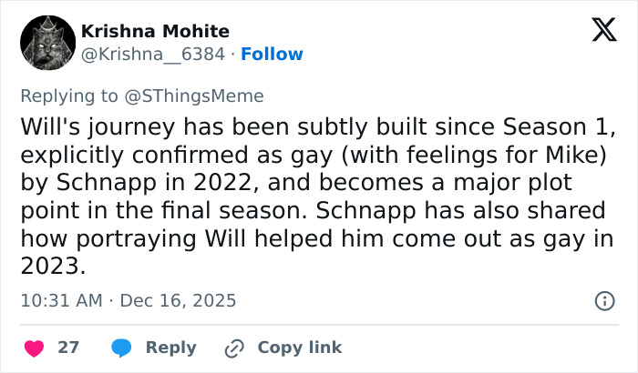 Tweet discussing Stranger Things star Noah Schnapp’s comments on Will Byers and the character’s LGBTQ representation. Tweet discussing Stranger Things star Noah Schnapp’s comments on Will Byers and the character’s LGBTQ representation.