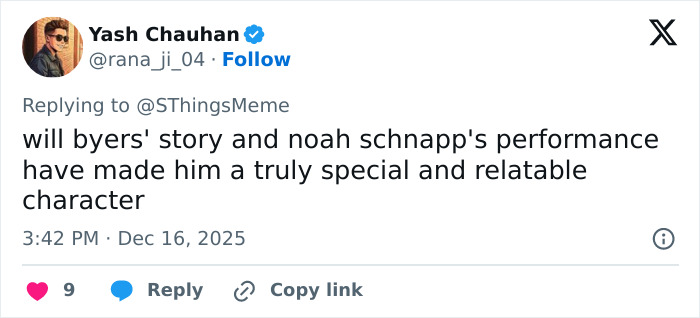 Screenshot of a tweet praising Noah Schnapp’s performance as Will Byers in Stranger Things. Screenshot of a tweet praising Noah Schnapp’s performance as Will Byers in Stranger Things.