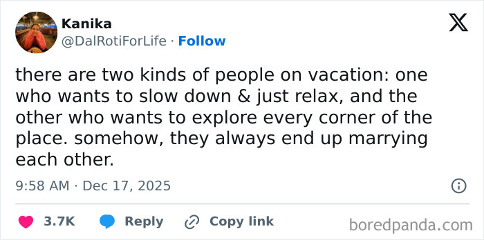 Funny screenshot of a humorous tweet about two types of people on vacation, perfect for distraction and entertainment.