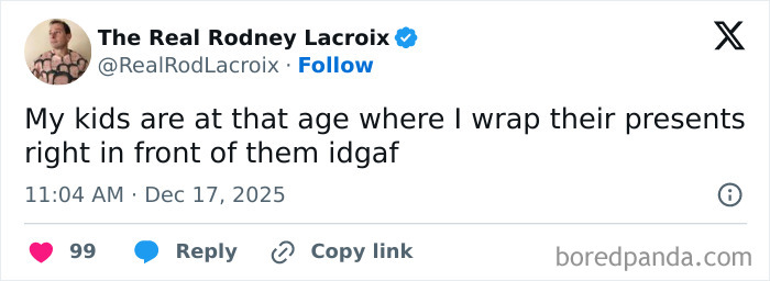 Tweet from The Real Rodney Lacroix about wrapping kids’ presents visibly, humorous and relatable for dads and husbands.