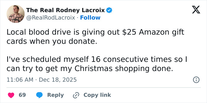 Tweet by The Real Rodney Lacroix humorously describing scheduling multiple blood donations for Christmas shopping, relatable to dads and husbands.