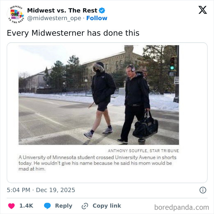 Two men dressed for cold Midwest weather crossing a snowy street in shorts and winter outfit, showcasing Midwest life memes.