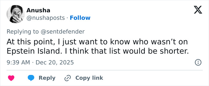 Tweet discussing Epstein Island and mentioning a list in the context of Epstein files and related topics. Tweet discussing Epstein Island and mentioning a list in the context of Epstein files and related topics.