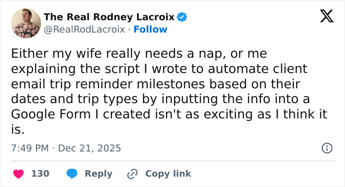 Tweet from a dad humorously explaining automated email reminders, relatable content for dads and husbands.