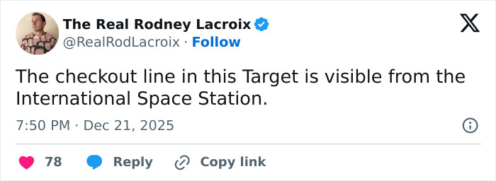 Screenshot of a humorous social media post about a long Target checkout line, relatable to dads and husbands.