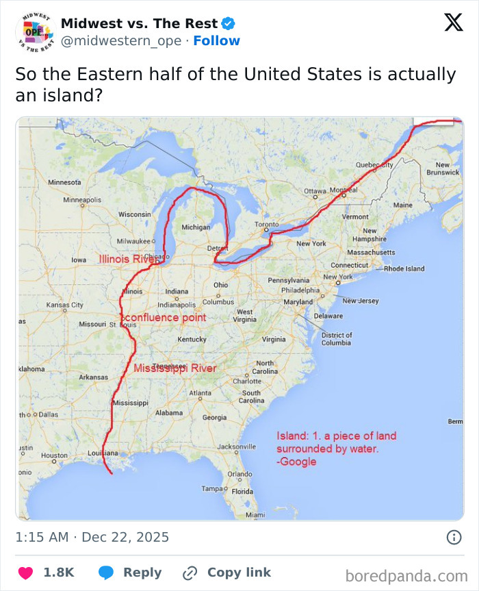 Map showing Midwest life meme with red lines highlighting rivers making the Eastern half of the US an island, related to Midwest life.