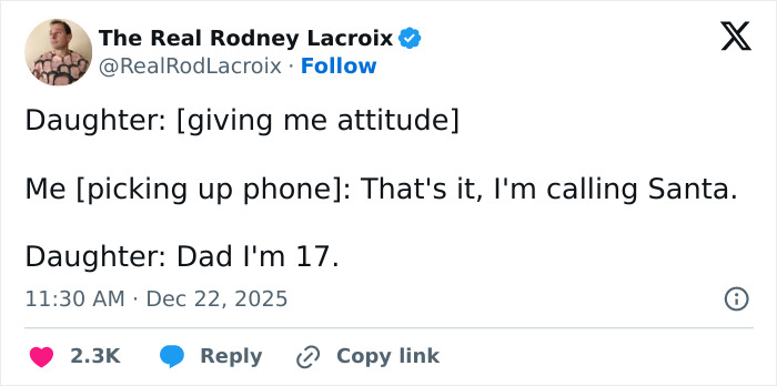 Tweet from The Real Rodney Lacroix humorously showing a dad’s relatable moment with his 17-year-old daughter’s attitude.