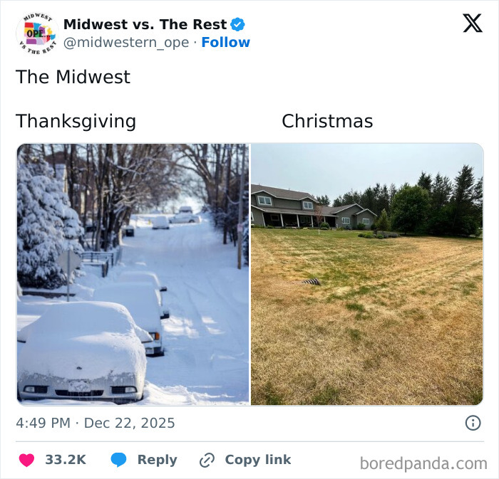 Side-by-side images showing Midwest life with snowy Thanksgiving and dry grass at Christmas in a residential neighborhood.