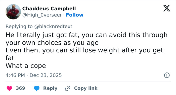 Twitter reply from user discussing weight gain and choices, related to 2000s teen heartthrob's unrecognizable appearance at 48.